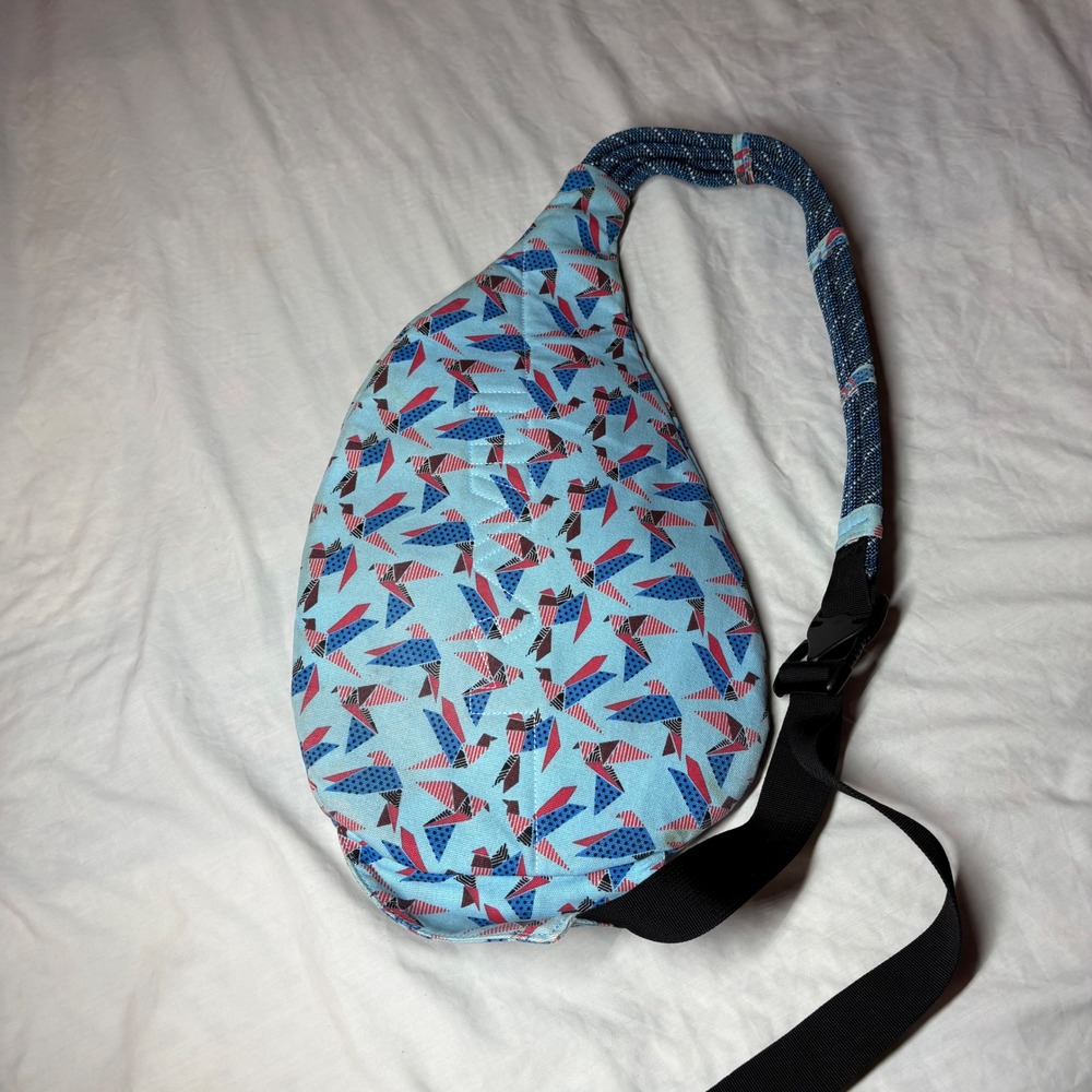 KAVU Rope Bag Sling Backpack Blue Origami Bird Print Cotton Canvas Outdoor